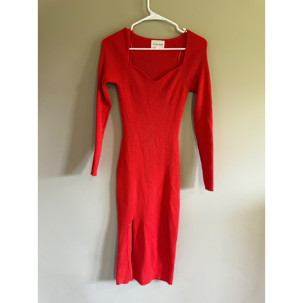 Olive + Oak Red/Orange Ribbed Sweater Midi Dress Long Sleeve Small